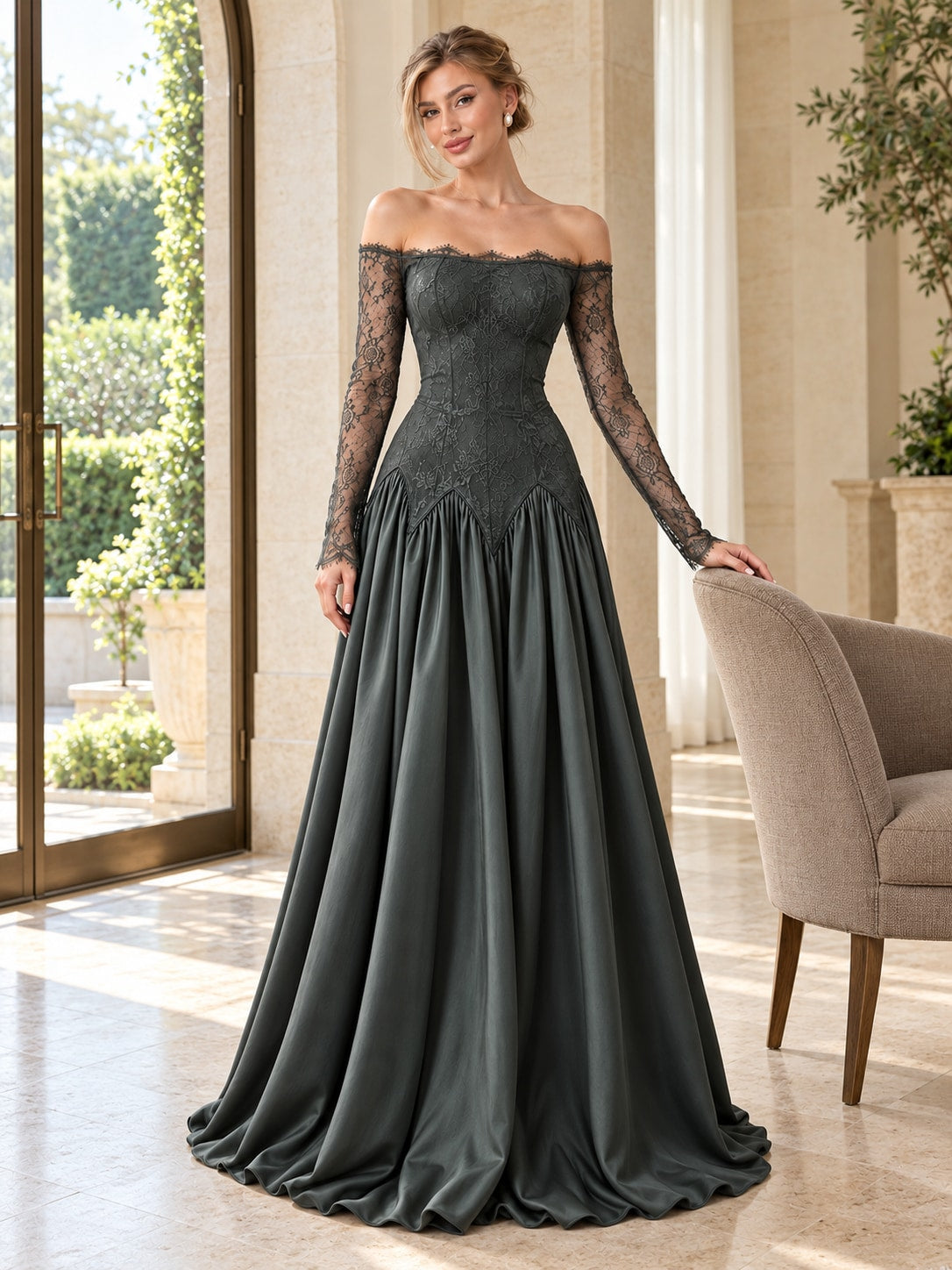Green Off-Shoulder Lace Satin Gown for Wedding & Formal